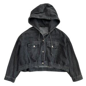 Miou Muse Womens Hooded Boxy Crop Denim Jacket Black Size M Streetwear Grunge